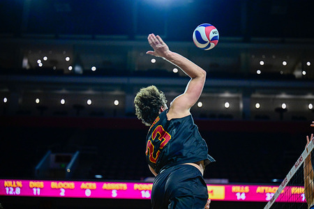 Cooper Keane #23 of the USC Trojans serves during the Volleyball game against the Jessup Warriors and USC Trojans at the Galen Center. Final score USC 3 : 0 Jessup
