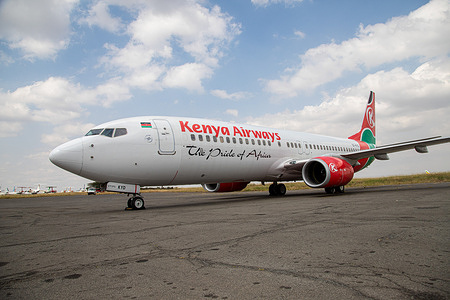 The Kenya Airway plane seen parked at Hanger 2, Kenya Airways Headquarters in Nairobi.