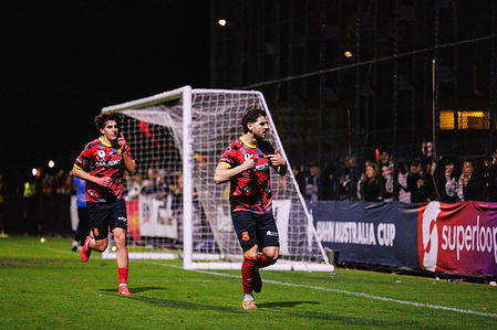 Jonas Markovski of Preston Lions FC celebrates after scoring a goal during the Hahn Australia Cup match between Brunswick Juventus FC and Preston Lions FC at CB Smith Reserve. Final score; Brunswick Juventus FC 1:4 Preston Lions FC