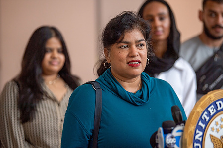 Cindy Sundersingh speaks at a press conference about passport backlog created during the coronavirus pandemic in New York City. 
Senator Schumer Standing With few New Yorkers whose travel plans are hanging in the balance amid continued passport processing delays said that the federal government should beef up staff to clear the passport backlog created during the coronavirus pandemic.