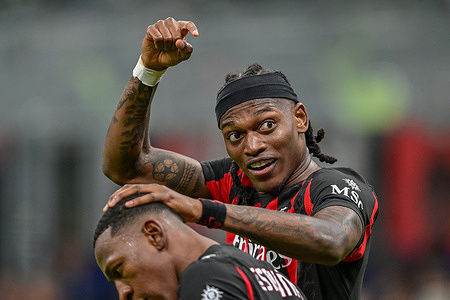 Pervis Estupinan celebrates a goal with Rafael Leao of AC Milan during Serie A 2025/26 football match between AC Milan and Inter at San Siro Stadium. Final score; AC Milan 1:0 Inter.
