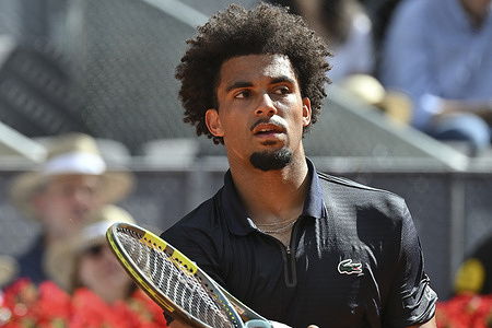 Arthur Fils of France against Jannik Sinner of Italy during their Men's Singles semi-final match on day twelve of the Mutua Madrid Open at La Caja Magica Victory of Jannik Sinner 6-2, 7-5