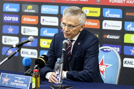 Igor Larionov, head coach of SKA Hockey Club seen during a press conference after Hockey match Kontinental Hockey League 2025/2026 between SKA Saint Petersburg and Metallurg Magnitogorsk in the Ice Sports Palace. Final score SKA Saint Petersburg 4 : 3 Metallurg Magnitogorsk.