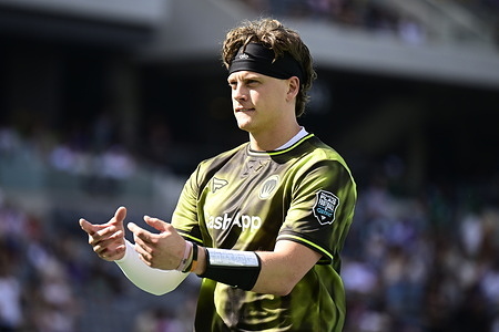 Joe Burrow (#9) during the Fanatics Flag Football Classic held at BMO Stadium in Los Angeles California. Final score: Wildcats 14 team USA 24
