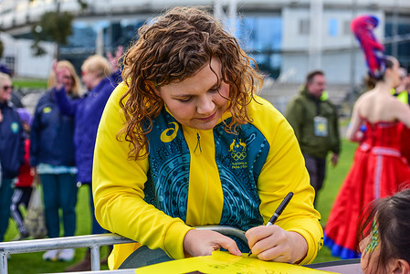 Olympic trap shooter Catherine Skinner is seen signing autographs at the Olympic and Paralympic Teams "Welcome Home" celebration in Melbourne Park Oval. The Victorian Government is partnering with the Australian Olympic Committee, Paralympics Australia and City of Melbourne to host a homecoming event for Australia’s Olympic and Paralympic athletes.
