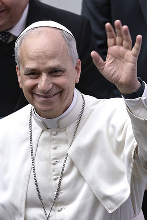 Pope Leo XIV at the media representatives during the meeting with media representatives in the Paul VI Hall at the Vatican.