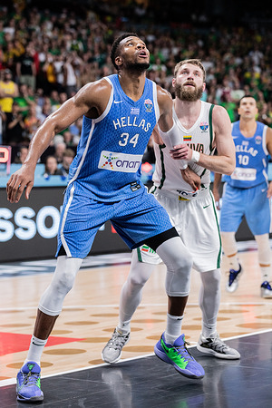 Giannis Antetokounmpo (L) of Greece and Gytis Radzevicius (R) of Lithuania seen in action during the final phase of the FIBA EuroBasket 2025 between Greece and Lithuania at Arena Riga. Final score; Greece 87 : 76 Lithuania.