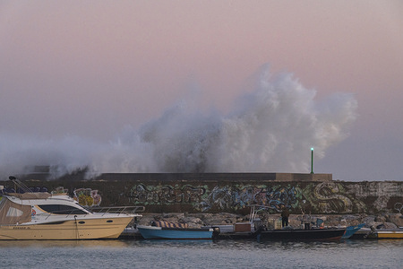 A big wave seen hitting the harbour. The Afro-Mediterranean cyclone named storm Gabri hit Catanzaro Lido’s coast during a day and half of red and orange alert on Southern Italy.