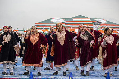 Girls dressed in traditional Kashmiri attire perform before ministers and bureaucrats during a Republic Day event at Bakshi Stadium in Srinagar. Heightened security is in place across Jammu and Kashmir during India’s 77th Republic Day celebrations, with additional deployments, checkpoints and surveillance measures implemented across key locations and sensitive zones. Authorities have tightened security particularly along the Line of Control and the India Pakistan border, long flashpoints between the two nuclear armed rivals. India’s Republic Day marks the adoption of the country’s constitution in 1950.