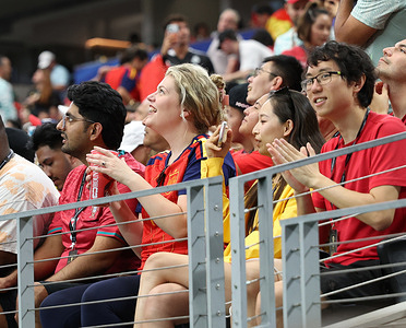Soccer fans react while watching a live broadcast of the FIFA World Cup Round of 16 soccer match between Portugal and Spain at AT&T Stadium. Portugal 0 - 1 Spain
