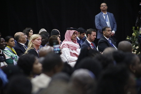 Delegates listen to speeches during day one of the Africa Climate Summit at the Kenyatta International Conference Centre (KICC) in Nairobi.
