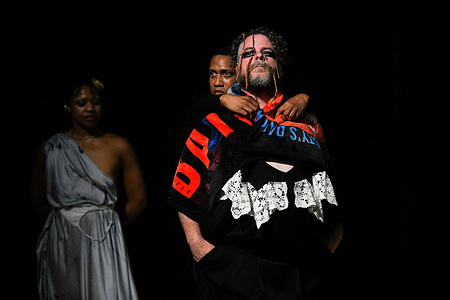 Christopher Matthews is seen dancing with Trajal Harrell during the rehearsal for the play. "The Romeo," a contemporary dance performance choreographed by Trajal Harrell, underwent a rehearsal before its debut at the Avignon Festival. Through the mythical Shakespearean character and diverse cast of performers, this dance aims to celebrate freedom by leaving personal tragedies behind.