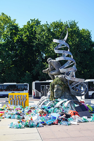 A view of an art installation by Canadian artist, environmental activist, and photographer Benjamin Von Wong, titled‘’ The Thinker’s Burden’’ that’s aims to highlight the problem posed by plastic pollution during the start the filth resumed session of Intergovernmental Negotiating Committee 5.2 (INC5.2) on 5th August 2025. Protesters gather outside the Palais des Nations in Geneva, Switzerland, as negotiators convene for what is expected to be the final round of talks to craft a legally binding Global Plastics Treaty—Intergovernmental Negotiating Committee 5.2 (INC5.2). This follows inconclusive negotiations held in Busan, South Korea, in 2024.