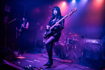 LA Witch bassist Irita Pai performs on stage at the Covo Club. Garage rock trio LA Witch performed at the Covo Club in Bologna to present their latest album, DOGGOD.