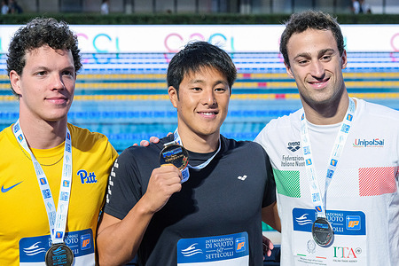 First place for Daiya Seto of Japan (C), On the second Alberto Razzetti of Italy (R) while on the third Massimiliano Matteazzi of Italy (L). Podium of Men 200m Individual Medley Final A during the third day at the swimming internationals of the 60th Settecolli Trophy.