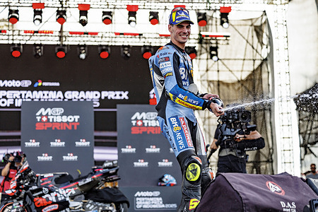 Gresini Racing MotoGP rider Fermin Aldeguer seen on the podium after the sprint race at the 2025 Pertamina Grand Prix.