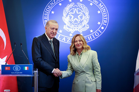 Italian Premier Giorgia Meloni receives Turkish President Recep Tayyip Erdogan at Villa Pamphili, venue of the fourth summit between Rome and Ankara.