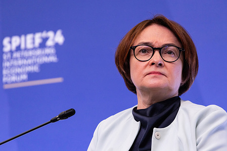 Chairman of the Central Bank of the Russian Federation Elvira Nabiullina seen during the session "Russian Economy: How to Ensure the Achievement of National Goals" during the second day of the St. Petersburg International Economic Forum. The second day of the 27th St. Petersburg International Economic Forum, themed "The Basis of Multipolarity is the Formation of New Centers of Growth," featured numerous sessions and plenary meetings. Several business agreements were signed during the event.