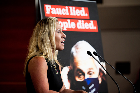 U.S. Representative Marjorie Taylor Greene (R-GA) speaks at a press conference about the introduction of legislation in the House of Representatives to fire Dr. Anthony Fauci.