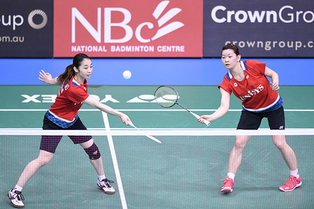 Misaki Matsutomo and Ayaka Takahashi (Japan) seen in action during the 2019 Australian Badminton Open Women's Doubles Semi-finals match against Sayaka Hirota and Yuki Fukushima (Japan). 
Matsumoto and Takahashi lost the match 21-15, 15-21, 21-23.