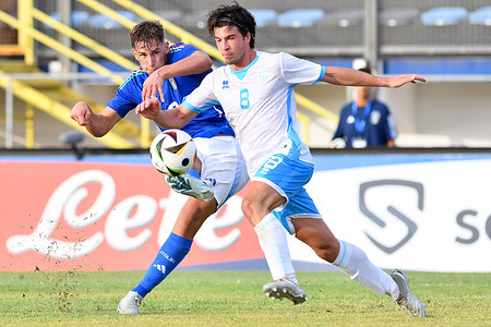 Francesco Pio Esposito (L) of Italy in action during the Qualification European Championship Under 21 match Italy v San Marino at Domenico Francioni stadium,Latina. Final score; Italy 7:0 San Marino
