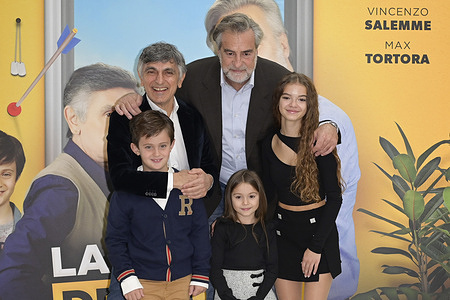 Vincenzo Salemme, Fosco Luigi Cavalli, Max Tortora, Greta Santi and Chloe Aquino attend attend the photocall of the movie "La guerra dei nonni" at Le Meridien Visconti Palace Hotel.