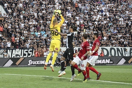 Aleksandr MAsimenko seen holding the ball after an attack from PAOK.
PAOK vs Spartak Moscow for Champions League third qualifying round. PAOK defeated Spartak from Moscow in Toumba Stadium in Thessaloniki, Greece with score 3-2.