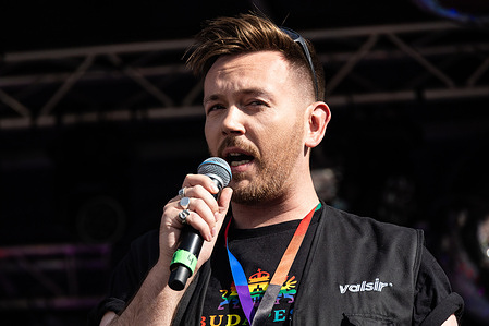 Chairperson for Copenhagen Pride, Benjamin Hansen gives a speech during the Copenhagen Pride parade 2025.