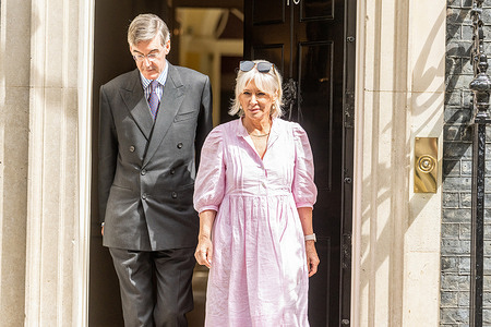 (L-R) Jacob Rees-Mogg, Minister for Brexit Opportunities and Government Efficiency, and Nadine Dorries, Culture Secretary leave 10 Downing Street to make a statement of support for Liz Truss for leader of the conservative party. UK Government Ministers leave 10 Downing Street following the weekly cabinet meeting. This meeting was held during the start of the campaign for the conservative party leadership. Nadine Dorries Culture Secretary and Jacob Rees-Mogg made a statement to the media in support of Liz Truss, Foreign Secretary, to be the new party leader.