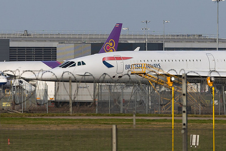 A retired British Airways Concorde seen parked at Heathrow Airport, London.