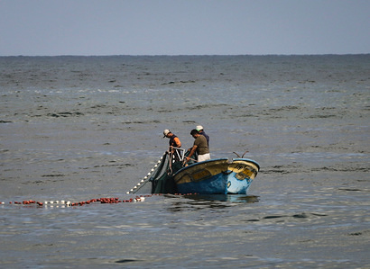 Palestinian fishermen seen riding their boat at the seaport of Gaza City.
Daily at the sea in Gaza.