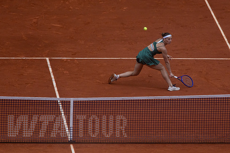 Ukrainian tennis player Marta Kostyuk, seen in action during the Mutua Madrid Open final match played at the Manolo Santana Stadium in the Caja Mágica against Russian tennis player Mirra Andreeva (Not in picture). Marta Kostyuk was crowned champion of the tournament with a final score of 6-3, 7-5.