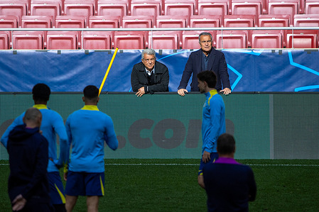 Joan Laporta, president (CL) of FC Barcelona, ​​is seen during a training session on the eve of the UEFA Champions League quarter-final second leg match between Atlético de Madrid and FC Barcelona on Tuesday, April 14th at the Metropolitano Stadium in Madrid.