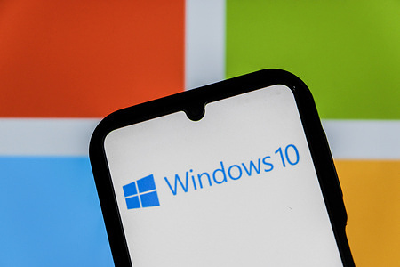 In this photo illustration, a Microsoft Windows 10 logo is displayed on a smartphone.
