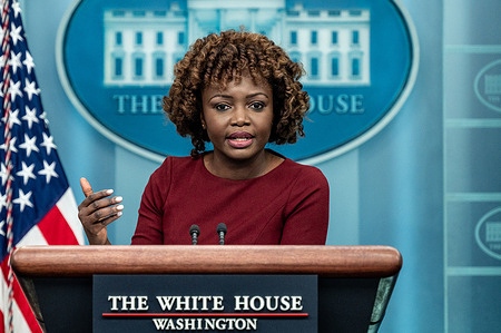 White House Press Secretary Karine Jean-Pierre speaks at a press briefing in the White House Press Briefing Room.