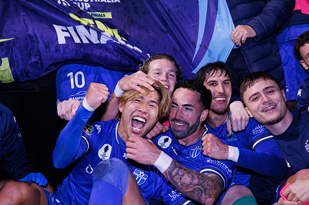 South Melbourne FC players seen celebrating after winning the Hahn Australia Cup Quarter Final match between Preston Lions FC and South Melbourne FC at Genis Steel Stadium. Final score; Preston Lions FC 1:2 South Melbourne FC.