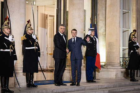 Emmanuel Macron (R), the French President welcomes Andrej Plenkovic (L), the Prime-Minister of Croatia at the Elysee Palace. The French President Emmanuel Macron met with the Prime-Minister of Croatia Andrej Plenkovic at the Elysee Presidential Palace, in Paris, France.