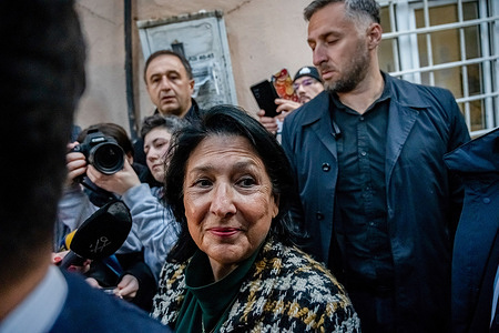 President of Georgian Republic, Salome Zourabichvili speaks to press after casting her vote during the Georgian Election.