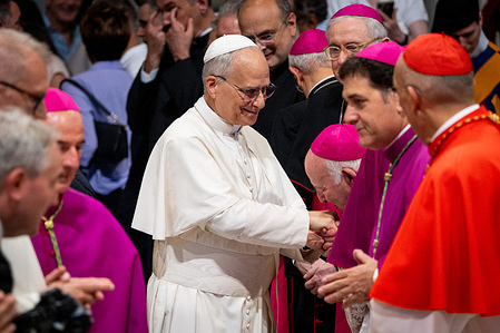Pope Leo XIV greets the Diocesan Assembly of Rome during the Liturgy of the Word on the occasion of the beginning of the new pastoral year of the Diocese of Rome, at Saint John Lateran archbasilica in Rome.