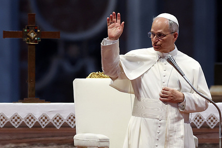 Leo XIV imparts the blessing at the end of the Audience. Pope Leo XIV presides over the audience for the Jubilee of Sport at the central altar of St. Peter's Basilica.