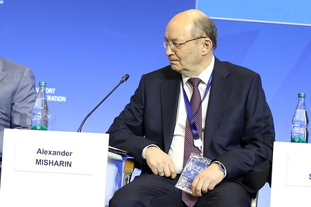 Alexander Misharin, President Russian Academy of Transport and Chairman of the Board of Directors Sinara-Transport Machines (STM) seen during the New Mobility How Technology is Changing the World session of the International Transport and Logistics Forum at Expo forum 2026.
