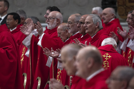 Cardinal Matteo Zuppi leads the mass on the sixth day of the "Novendiali," nine days of mourning for late Pope Francis at St. Peter's Basilica.
