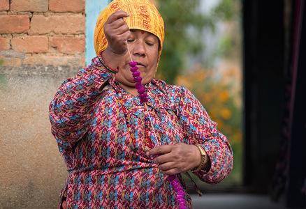A woman makes garland from the globe amaranth flowers for the upcoming Tihar festival.Tihar festival, known as the festival of lights, is a five-day festival celebrated in late autumn in which various forms of animals are worshipped. The festival is also celebrated in honor of the Hindu goddess Laxmi, the goddess of wealth.