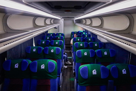 A view inside the official bus of the Mexican National Football Team at the Eastern Passenger Bus Terminal (TAPO) in Mexico City. Kin, the official mascot of the Mexican National Football Team, was present at the unveiling, symbolizing the partnership between Autobuses de Oriente (ADO) and the team. The newly unveiled bus will transport the players and coaching staff during the 2026 World Cup.