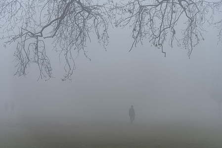 A man walks in a park during dense fog in Srinagar. Intense cold coupled with dense fog and haze disrupted normal life in Kashmir Valley on Monday. Srinagar and other parts of the Kashmir valley were engulfed with a thick layer of fog and haze that reduced visibility, causing inconvenience to commuters.