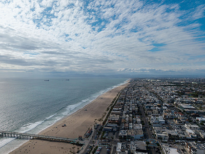 (EDITOR'S NOTE: Image taken by a drone) 
An aerial view of the Manhattan Beach coastline, in Manhattan Beach, California.