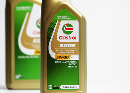 In this photo illustration, Castrol Edge 5W-30 LL motor oil bottles are seen displayed.