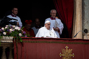 Vatican City, Vatican - 20/04/2025 12:03:11: Pope Francis arrives to deliver his traditional ‘Urbi et Orbi’ Blessing from the balcony of St. Peter's basilica overlooking St. Peter's Square in Vatican City.