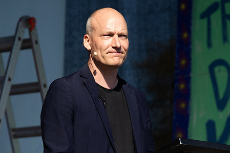 Spokesman on political affairs, Pelle Dragsted of the Red-Green Alliance gives a speech during the celebration of International Workers' Day, also called Labour Day in Fælledparken.