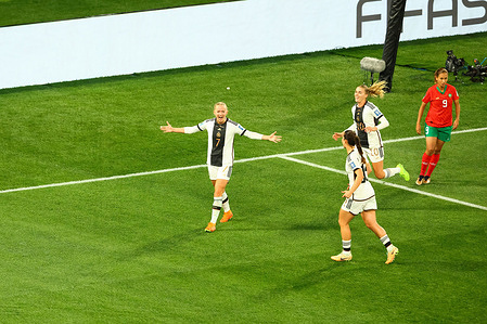 Lea Schuller (C) of Germany celebrates a goal during the FIFA Women's World Cup Australia & New Zealand 2023 Group match between Germany and Morocco at Melbourne Rectangular Stadium. Germany won the game 6-0.